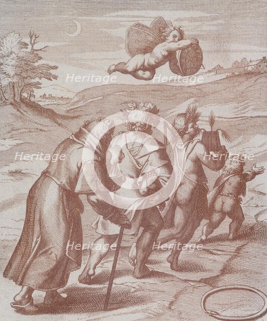 Four figures in a landscape being guided by a cherub in the sky, 1777. Creator: Unknown.