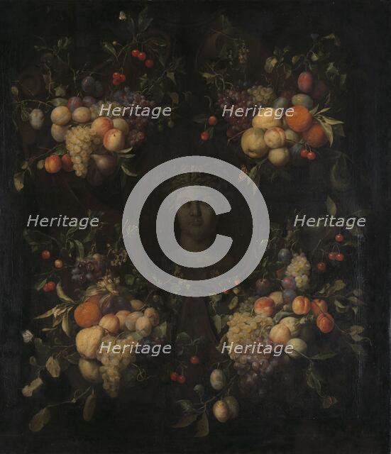 Simulated Sculpted Head of a Woman in a Cartouche Decorated with Swags of Fruit, 1655-1665. Creator: Joris van Son.