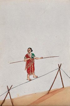 A woman acrobat holding a long stick and walking the tight rope, (between 1800 and 1899?). Creator: Unknown.