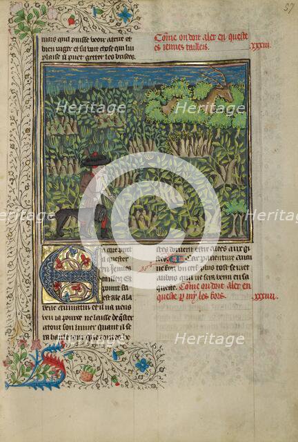 A Hunter and a Dog Tracking in a Copse; Livre de la Chasse, about 1430-1440. Creator: Unknown.
