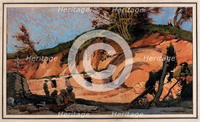 World War I: soldiers in front of a bunker shelter, c1910s. Creator: Walter Ernest Spradbery.