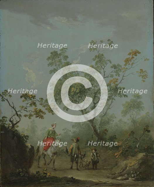 Forest landscape with a lady on horseback, a falconer and a huntsman.