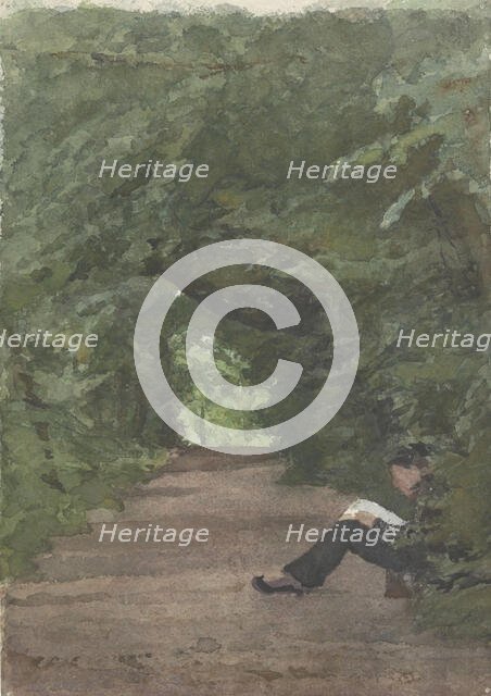 Man reading in forest avenue, 1874-1925. Creator: Jan Veth.