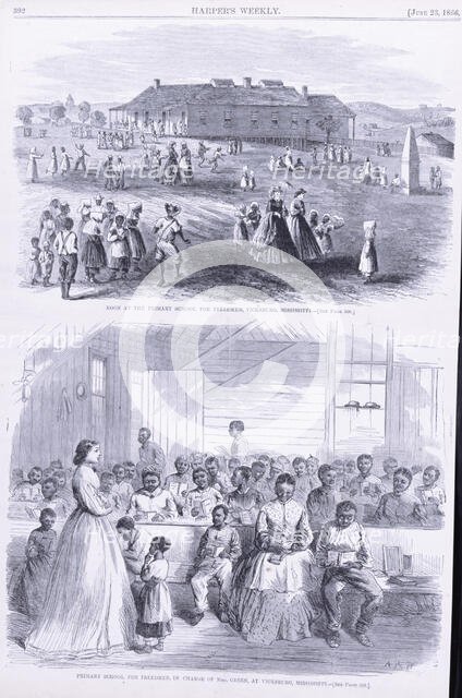 Noon at the Primary school (top) and Primary school for Freedmen..., 1866-06-23. Creator: Unknown.