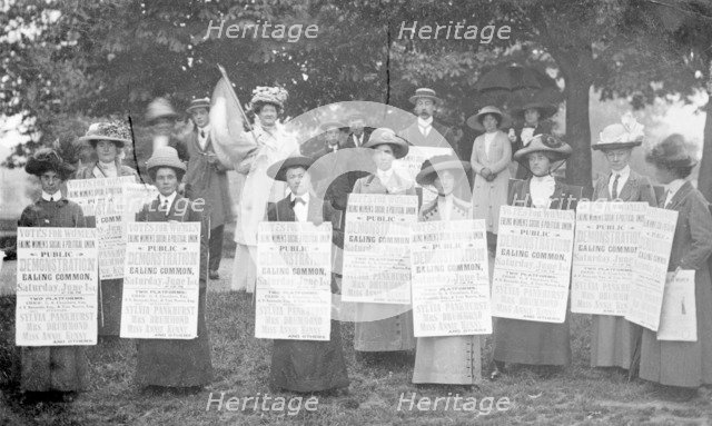 A 'poster parade' of suffragettes advertising a meeting to be held on Ealing Common, June 1912. Artist: Unknown