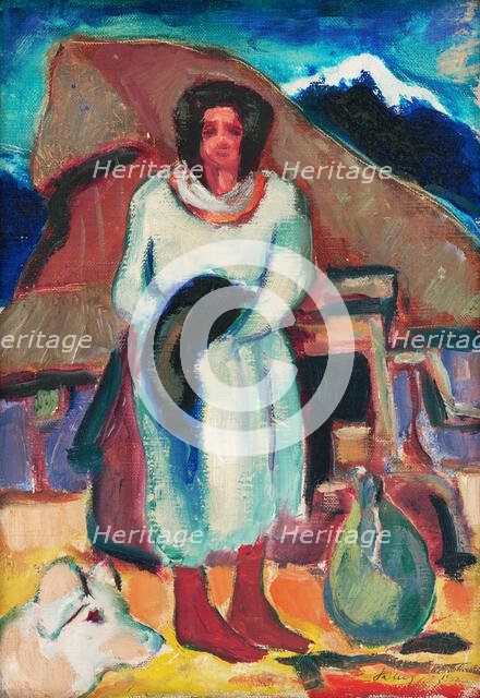 Study of a village girl in front of a cottage, 1932. Creator: Zolo Palugyay.