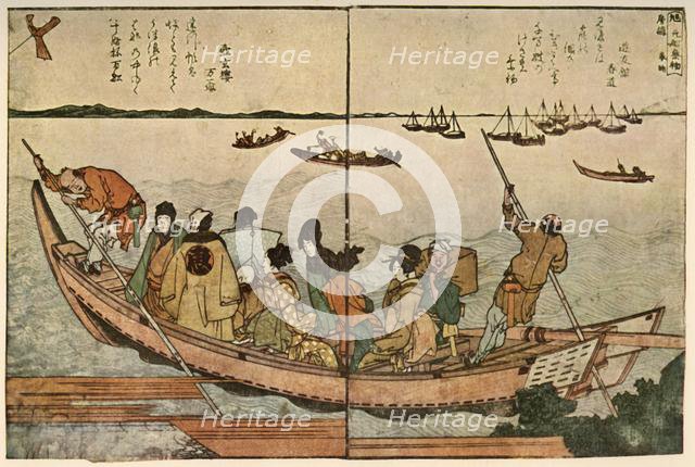 Passengers on a boat crossing the Sumida River in Japan, c1804, (1924).  Creator: Hokusai.