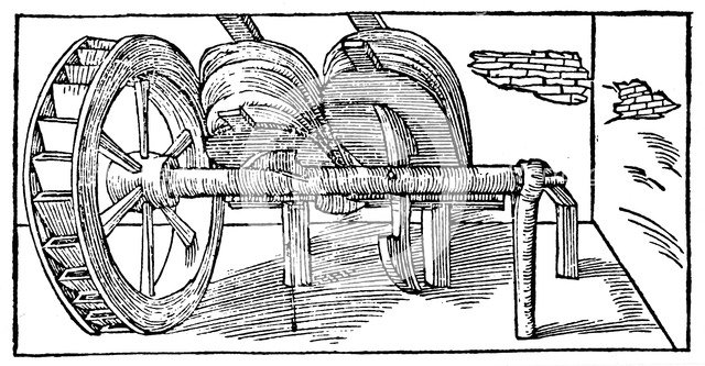 Bellows operated by a camshaft powered by a water wheel, 1540. Artist: Unknown