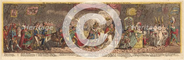 The Grand Coronation Procession of Napoleon the 1st Emperor of France, from the church of Notre-Dame, 1805. Artist: Gillray, James (1757-1815)