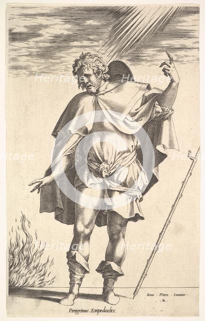 Empedocles, standing frontally with his head turned in three-quarter view, directs ..., ca. 1545-63. Creator: Rene Boyvin.