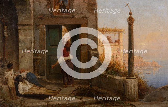 Sick man at the walls of a Catholic monastery, 1874.