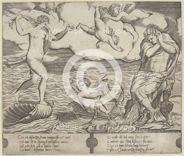 Venus riding a conch at left and cowering man (Jason) at right, Eros riding a makes..., ca. 1530-50. Creator: Anon.