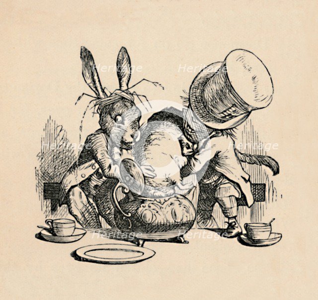 'The Mad Hatter and March hare trying to put the Dormouse into a teapot', 1889. Artist: John Tenniel.