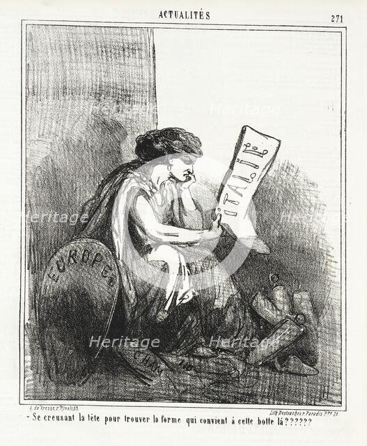 Italie -Europe Se creusant la tête pour trouver la forme qui convient a cette botte là??, 1867. Creator: Cham.