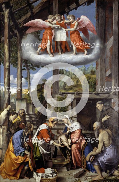 Nativity with Shepherds, Saint Jerome and a Donor, 1529-1535. Creator: Moretto da Brescia, Alessandro (ca 1498 - 1554).