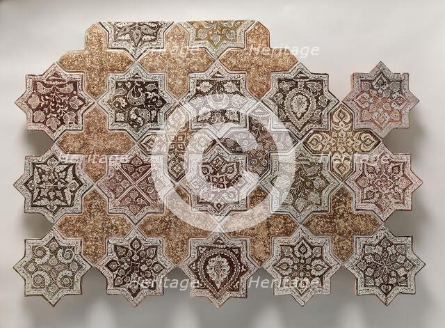 Panel Composed with Tiles in Shape of Eight-pointed Stars and Crosses, Iran, 1260-70. Creator: Unknown.