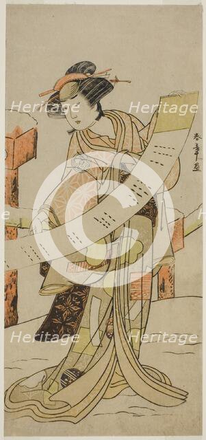 The Actor Yamashita Kinsaku II as Naoe in the Play Tsuma Mukae Koshiji no Fumizuki..., c. 1780. Creator: Shunsho.