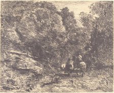 Horseman and Vagabond in the Forest (Le Cavalier en forêt et le piéton), 1854. Creator: Jean-Baptiste-Camille Corot.