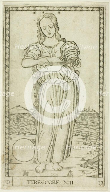 Terpsichore, plate thirteen from Apollo and the Muses, c.1465. Creator: Unknown.