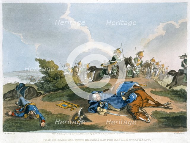 'Prince Blucher under his Horse at the Battle of Waterloo', 1815. Artist: Matthew Dubourg