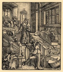 Der Weisskunig: The young Maximilian in a room filled with a wide range of musicals..., 1514-16. Creator: Burgkmair, Hans, the Elder (1473-1531).