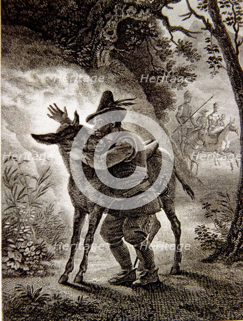 Scene in 'Don Quixote of La Mancha' where Sancho finds his grey horse, French edition, Paris, 182…