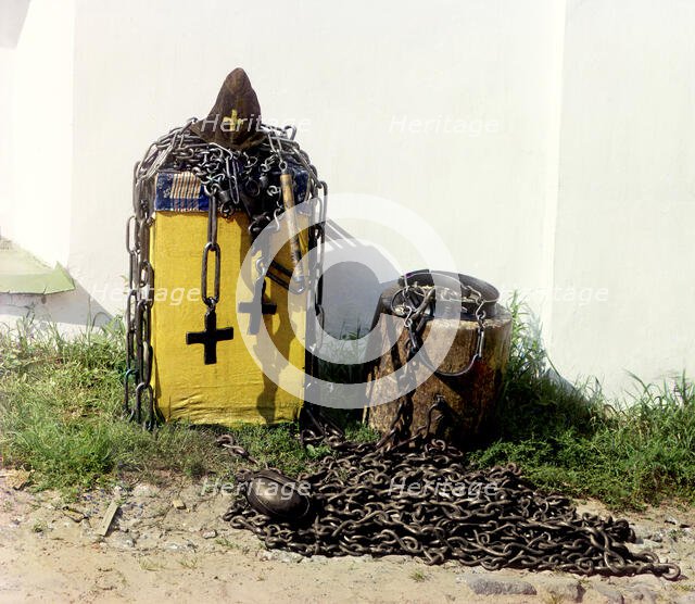 Venerable Irinarkh's cap, lash, and fetters, Borisoglebsk, 1911. Creator: Sergey Mikhaylovich Prokudin-Gorsky.