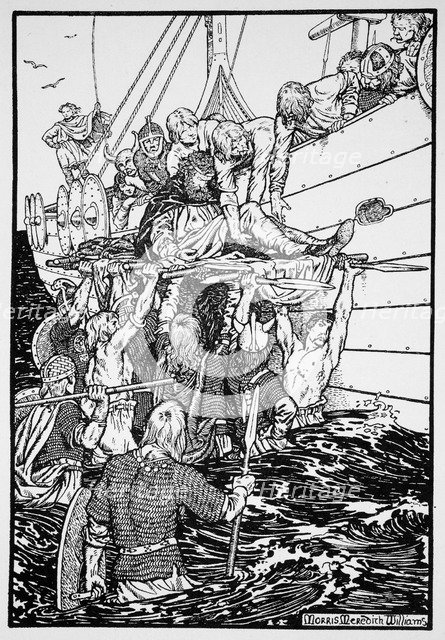 The dying King Haakon carried to his ship, 961 (1913). Artist: Morris Meredith Williams