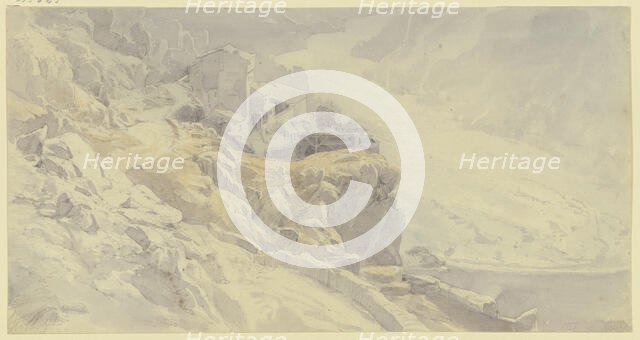 View from the mountains towards a river valley in Spain, mid-late 19th century. Creator: Karl Peter Burnitz.