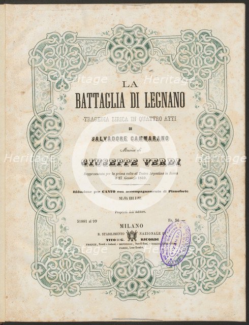 Cover of the vocal score of opera La battaglia di Legnano by Giuseppe Verdi, 1860.