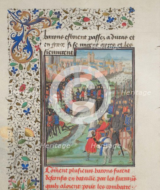 Clash of the army of the barons and the Saracens. Miniature from the Historia by William of Tyre, 1460s. Artist: Anonymous  