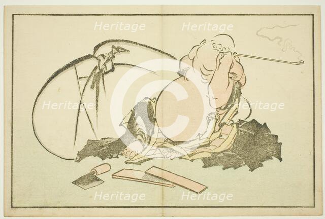 Hotei Smoking his Pipe, from The Picture Book of Realistic Paintings of Hokusai..., Japan, c. 1814. Creator: Hokusai.