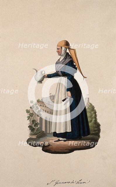 A nun wearing her habit holding a jug in the grounds of her convent. Creator: Unknown.