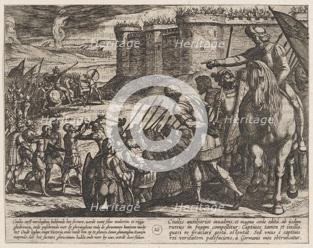 Plate 16: Roman Captives Before the Old Fortress, from The War of the Romans Against the B..., 1611. Creator: Antonio Tempesta.