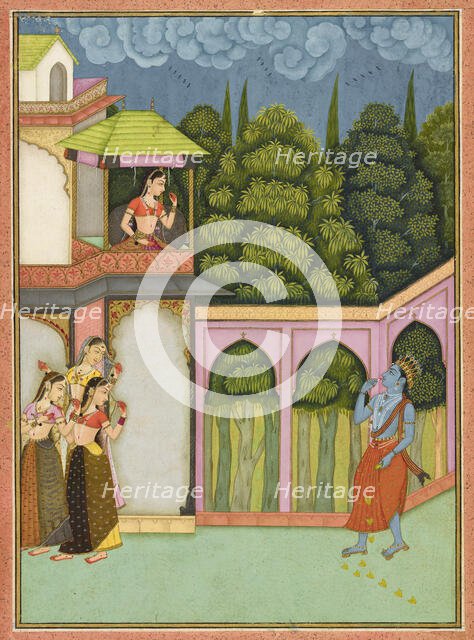 Krishna approaches Radha, folio from a Rasikpriya, dated 1690. Creator: Nuruddin.