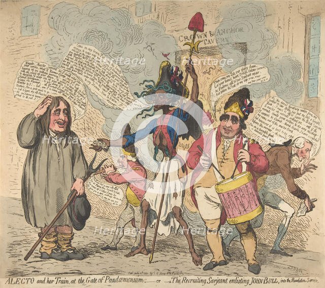 Alecto and Her Train, at the Gate of Pandaemonium:-or-The Recruiting Sarjeant Enli..., July 4, 1791. Creator: James Gillray.