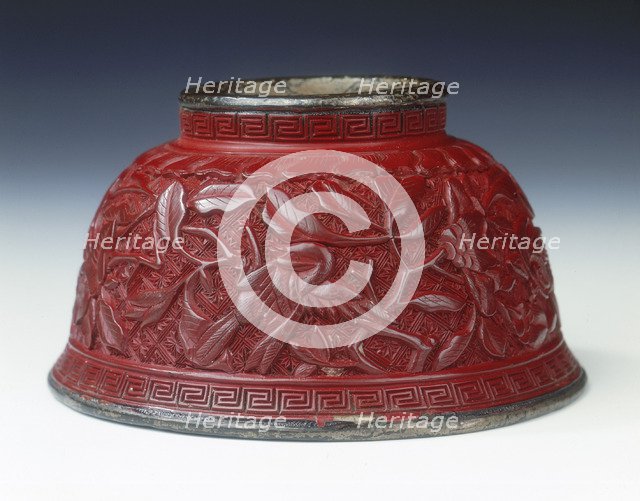 Carved lacquer bowl with birds among peonies, Late Ming dynasty, China, 1st half of 17th century. Artist: Unknown