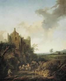 Landscape with castle ruins and horse-drawn carts, 1746 (?). Creator: Christian Hilfgott Brand.