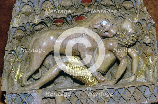 Ivory panel of a lioness devouring a boy, Palace of Ashurnasirpal II, Nimrud, Phoenician. Artist: Unknown