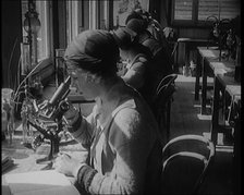 Young Female Civilians Sitting at Desks Looking Through Microscopes in a Science Class, 1920. Creator: British Pathe Ltd.