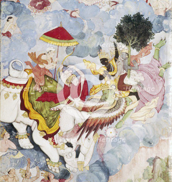 Krishna, (on Bird-God, Garuda) fights Indra (on elephant), Harivamsa manuscript, c1590. Artist: Unknown.