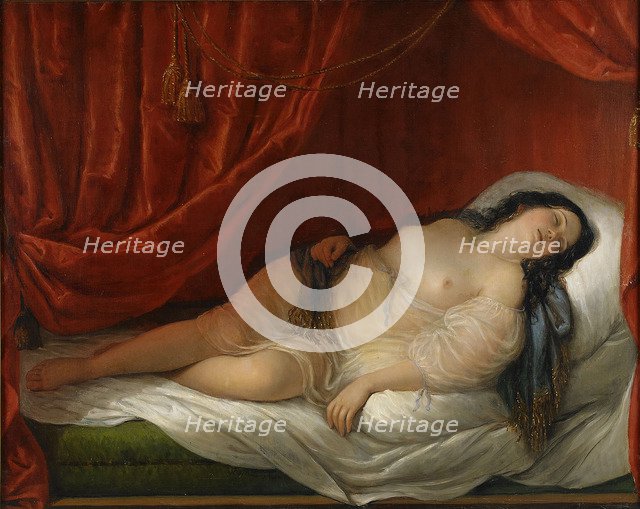 An odalisque in red interior, Early 19th cen.. Artist: Schiavoni, Natale (1777-1858)