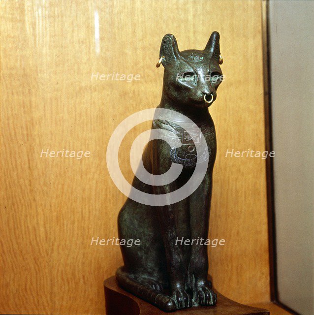 Egyptian Bronze Cat, Sacred to the Goddess Bastet, Roman Period. c664BC-332 BC.  Artist: Unknown.