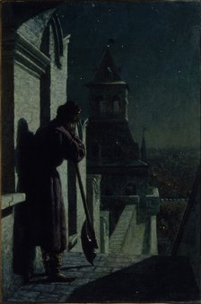 Strelets on the Moscow Kremlin tower at Moonlit Night, 1890s. Artist: Matveyev, Nikolai Sergeyevich (1855-1939)