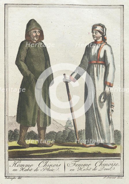 Costumes de Différents Pays, 'Homme Chinois en Habit de Pluie. Femme Chinoise, en Habit..., c1797. Creators: Jacques Grasset de Saint-Sauveur, LF Labrousse.