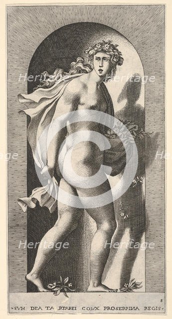 Plate 8: Prosperpina, standing in a niche, turning to the right while holding mantle in bo..., 1526. Creator: Giovanni Jacopo Caraglio.