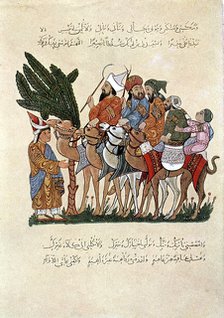 Arabian travellers on camels, being greeted at the end of their journey. Artist: Unknown