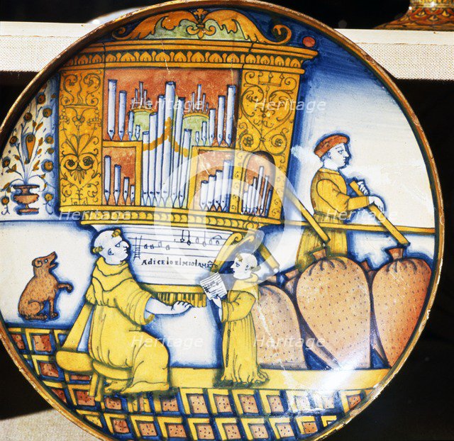 Monks and Organ with Sheet Music, Earthenware Italian Dish, c1515.  Artist: Unknown.