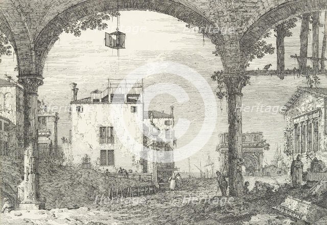 A three-arched portico with an open lantern hanging at center, a triumphal arch and rui..., 1735-46. Creator: Canaletto.