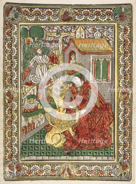 Saint Jerome in Penitence and as a Scholar Removing a Thorn from a Lion's Paw (Sch...., ca. 1470-85. Creator: The Master of the Mountainlike Clouds and The Master of the Church Fathers' Border.